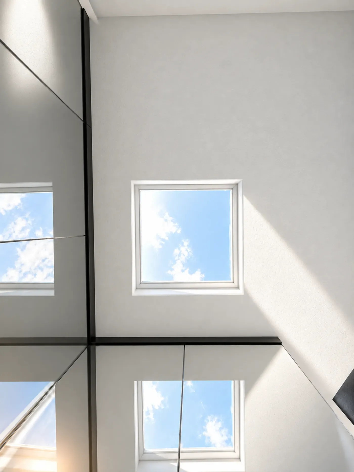 Oberlicht mit Blick in den Himmel, gespiegelt in Glasflächen
