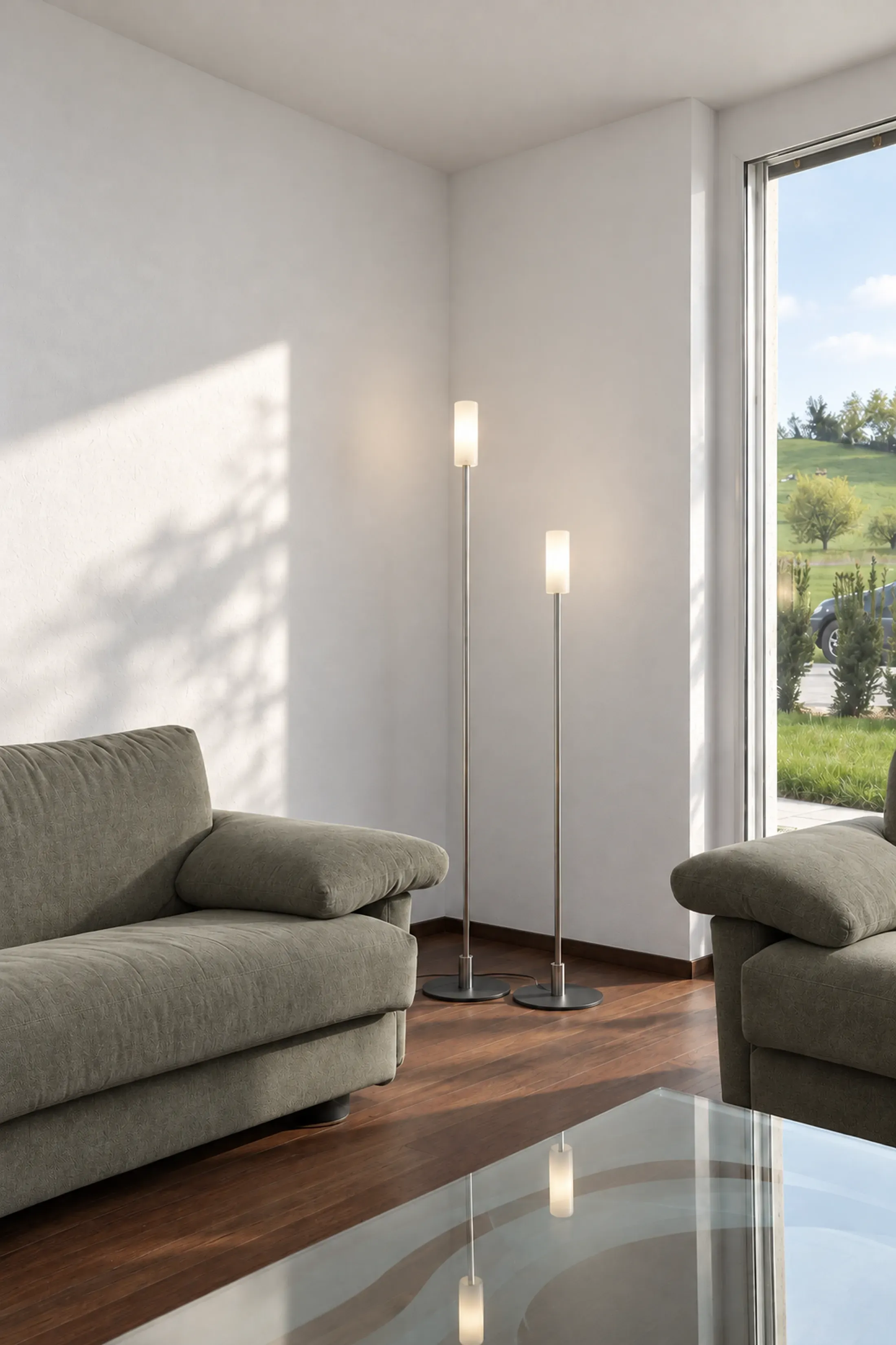 Wohnzimmer mit Stehleuchten und Blick in den Garten